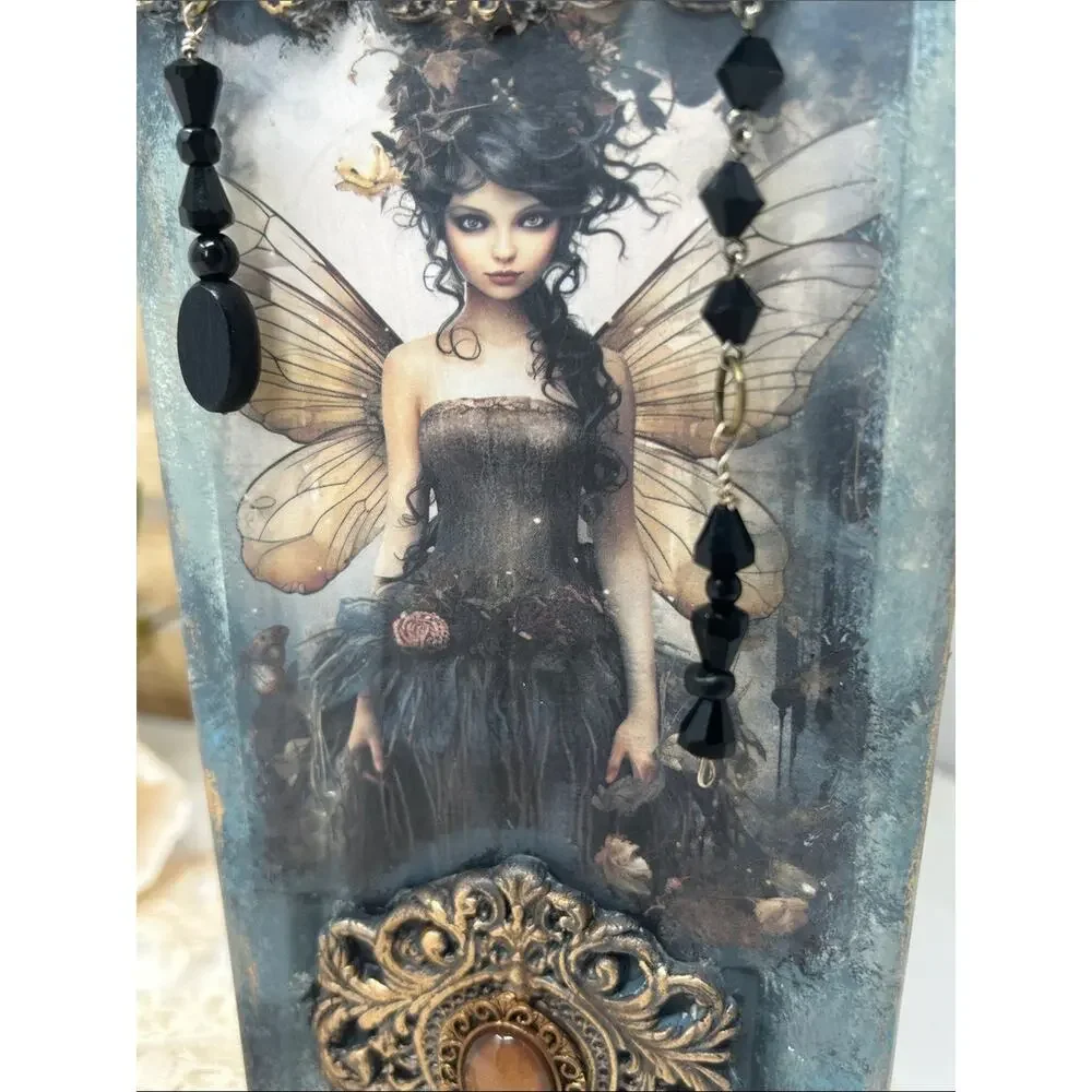 Handcrafted Fairy Art Décor Bottle in Teal with Black Beaded Accent
